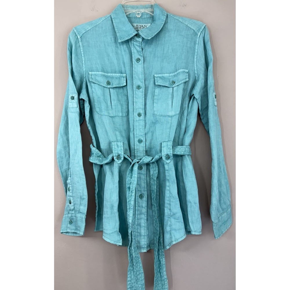 Ryan Michael Women's Small Linen Shirt Jacket Tie Belt Turquoise Tunic